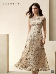 ANEWSTA 花柄刺繍 Aラインドレス シャンパンゴールド　Mサイズ寄り
