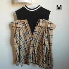 黒 ベージュ レディース 女の子 オフショルダー チェック 長袖 シャツ M