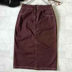 コルザ タイトスカート 膝丈 ブラウン L ウエストゴム リボン