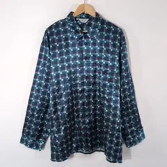 90s クリエイティブエッジ シルク100% 幾何学総柄長袖シャツ L古着 