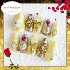 【020】ネイルチップ つけ爪 プリンセス 黄色 赤い薔薇 ドレス 推し活