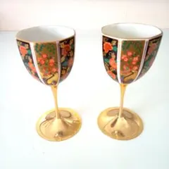 有田焼 　古伊万里 金彩花鳥柄　八角ワインカップ スタンド付き　２客