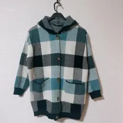 フード付きチェック柄ニットカーディガン ニットコート