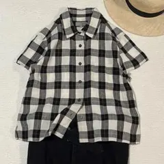 美品 マーガレットハウエル ブロックチェック リネン半袖シャツ グレー