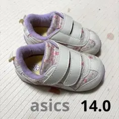 アシックス スニーカー 14.0cm 花柄×ピンク、ラベンダーパープル Wベルト