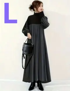 お洒落❣️K タートルネックプリーツロングワンピース 黒 L おすすめ✨