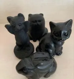 天然石 黒曜石 オブシディア 猫 うさぎ 置物セット