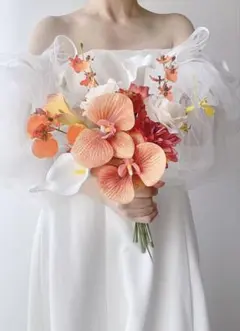 アーティフィシャルフラワーブーケ　オレンジ　胡蝶蘭　前撮り　ウェディング 結婚式