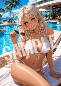 AI美少女イラスト A4ポスター 金髪ギャル 白水着 リゾートプール オリジナル