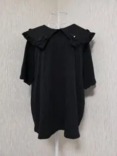 ポリーヌブロー 半袖Tシャツ 花 装飾 フリル ビックカラー ブラックのサムネイル