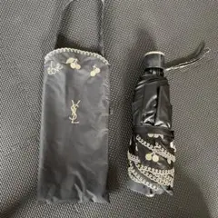 イヴ・サンローラン　折りたたみ傘　花柄刺繍　ブラック　傘カバー付き　未使用品 美品】イヴサンローラン 折りたたみ傘 日傘 兼用 花柄 刺繍 軽量