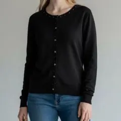 美品 VINO ROUGE 開襟衫 M 黑色 套裝 珍珠 編織