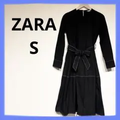 ザラ　ZARA ブラック ロングワンピース 長袖 ステッチ　リボン　Sサイズ