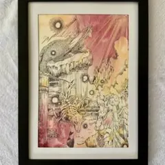イラスト原画　ドラゴンと天使　手描きイラスト　ペン画　水彩　アナログ