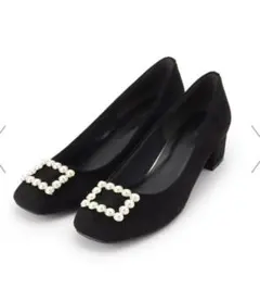 スクエアトゥフェイクパールヒールパンプス 黒　ブラック　結婚式二次会 パーティー