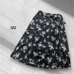 GU ジーユー　花柄ベロアスカート　ロング丈　ベルト　M 紺ネイビー　可愛い
