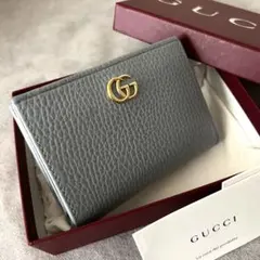 極美品 グッチ 現行品 二つ折財布 GG マーモント レザー シボ革 青 ブルー