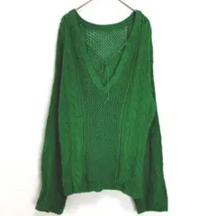 【ローリーズファーム】Vネック レース編み 長袖ニット・緑・フリー