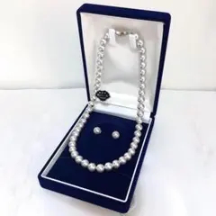 新品 ケース付き グレー 本貝パールネックレス 42センチ ピアス8ミリ セット
