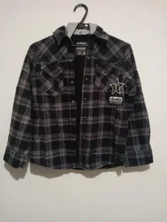 150cm フード付きチェック柄シャツ（ブラック・グレー）