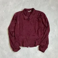 90s VINTAGE ジャガードブラウス 短丈 ボルドー L レトロのサムネイル