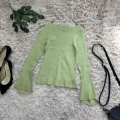 6979✾グレイル✾リブニット【M】グリーン系/フレア袖/レーヨンブレンド