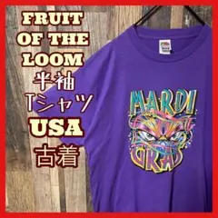 L パープル プリント フルーツオブザルーム メンズ USA古着 半袖 Tシャツ