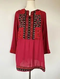 刺繍チュニック 赤 ウエストベルト付き