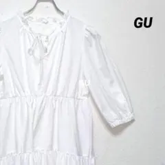 GU ジーユー フリルネック ティアードミニワンピース 七分袖 オフホワイト M