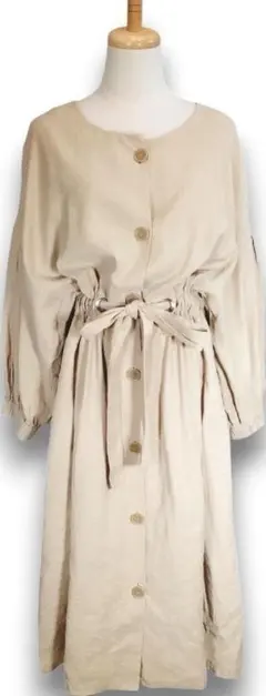 【ミスティック】長袖シャツワンピース ロング丈 ベージュ S-M 5225