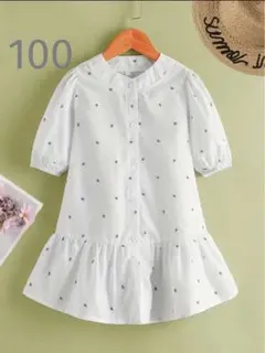 海外子供服　小花柄シャツワンピース100cm  女の子　パフスリーブ