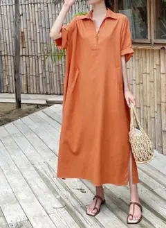オレンジ シャツワンピース 半袖