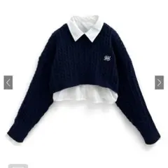 【GRL】クロップド丈ケーブルニット×シャツアンサンブル　k9336f