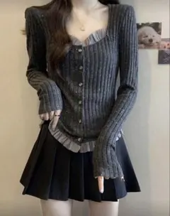 SHEINワンホンリブ編みフリル付き長袖トップス グレー