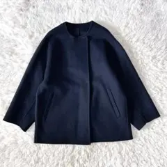 スローブイエナ souple wool ダブルフェイスノーカラーコート ネイビー