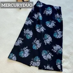 MERCURYDUO 花柄ロングスカート タイト ネイビー スリット ブルー Sのサムネイル