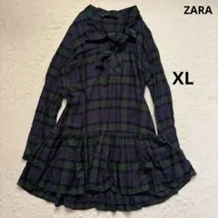 【美品】ザラ　ボウタイチェックワンピース　リボンタイ　緑　ゆったり　XL フレア