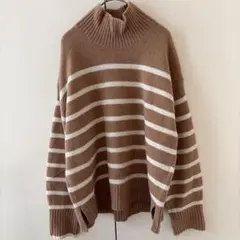 UNIQLO 【S】タートルネック セーター S ベージュホワイト ボーダー