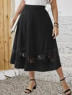 【大きいサイズ】フレア黒ロングスカート5L~6L(4XL~5XL)レース花柄
