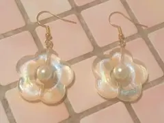 No.83 シンプル　イエロー　ラメ　フラワー　お花　パール　ピアス