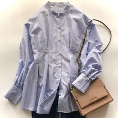 美品 PLST プラステ パールボタン ストライプ ペプラム ブラウス S