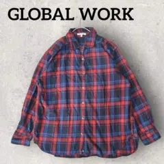 GLOBAL WORK ネルシャツ フランネルシャツ 長袖 チェック柄（M）赤