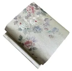 ユ106未使用名古屋帯 箔　銀糸　刺繍　椿　正絹　着物帯　仕立て上り美品