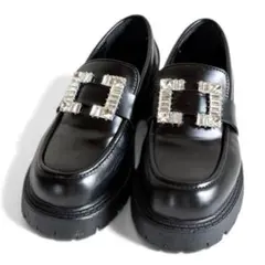 GRL グレイル 厚底 ローファー ビジュー 黒 ブラック 23cm スクエア