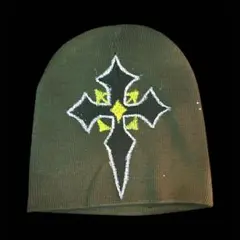 ビーニー　カーキ　ブラック　ニット帽　Y2K トーテム　 ペイント ミリタリー