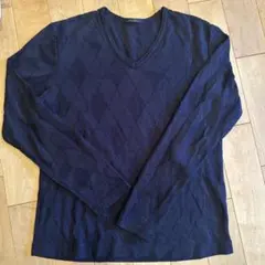 メンズ　紺色　長袖ニット　薄手　ダイヤ柄