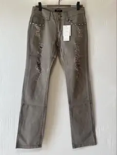 ダメージ加工　スタッズ付き　デニム　グレー