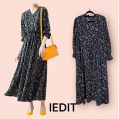 IEDIT ネイビー花柄長袖マキシワンピース