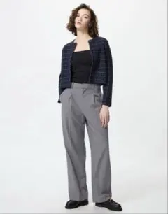 ユニクロ タックワイドパンツ 丈長め Lサイズ グレー