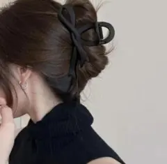 リボン バンスクリップ ブラック ヘアクリップ 大きめ レディース 韓国 ヘア